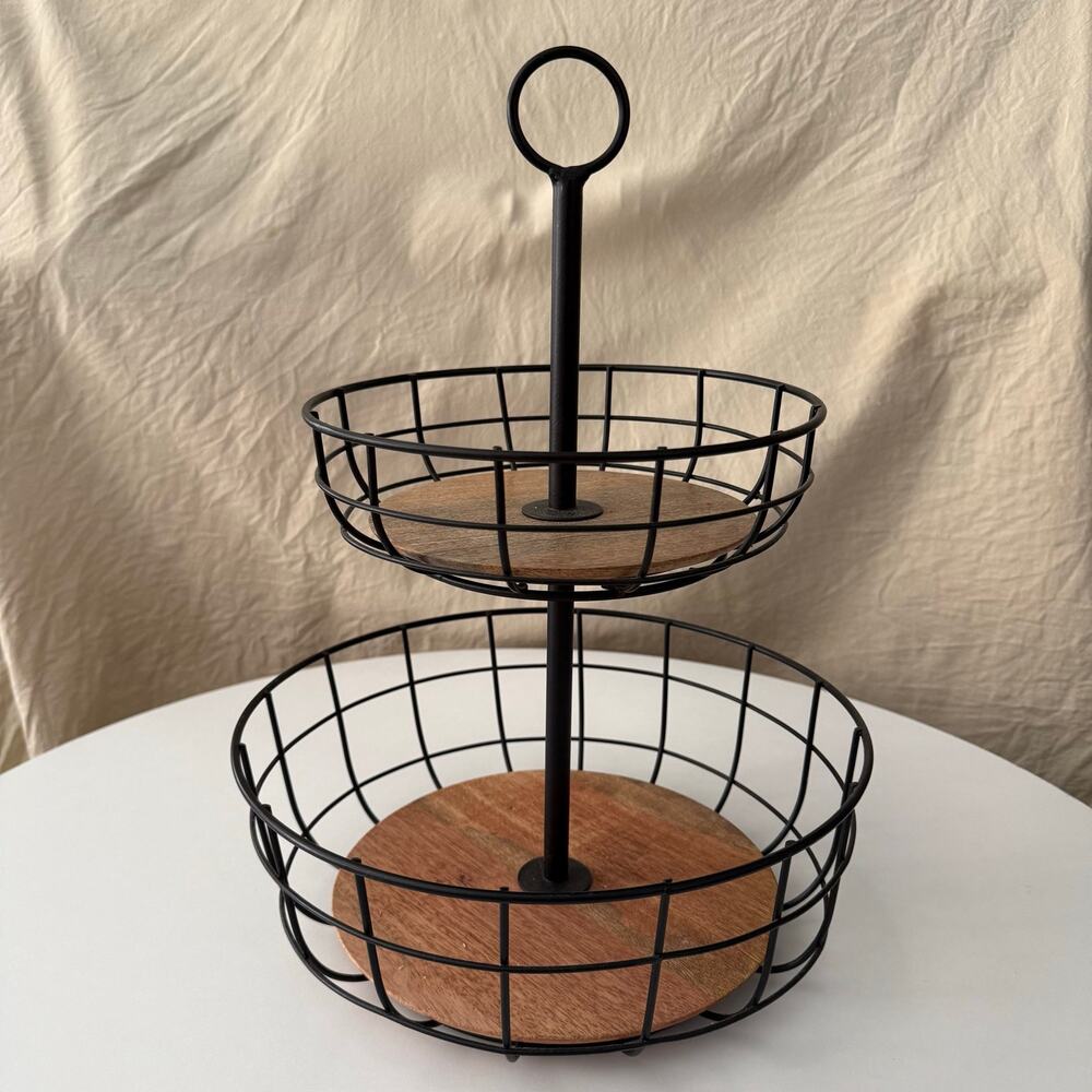 Threshold 2-Tier Mango Wood & Black Metal Wire Fruit Basket Farmhouse